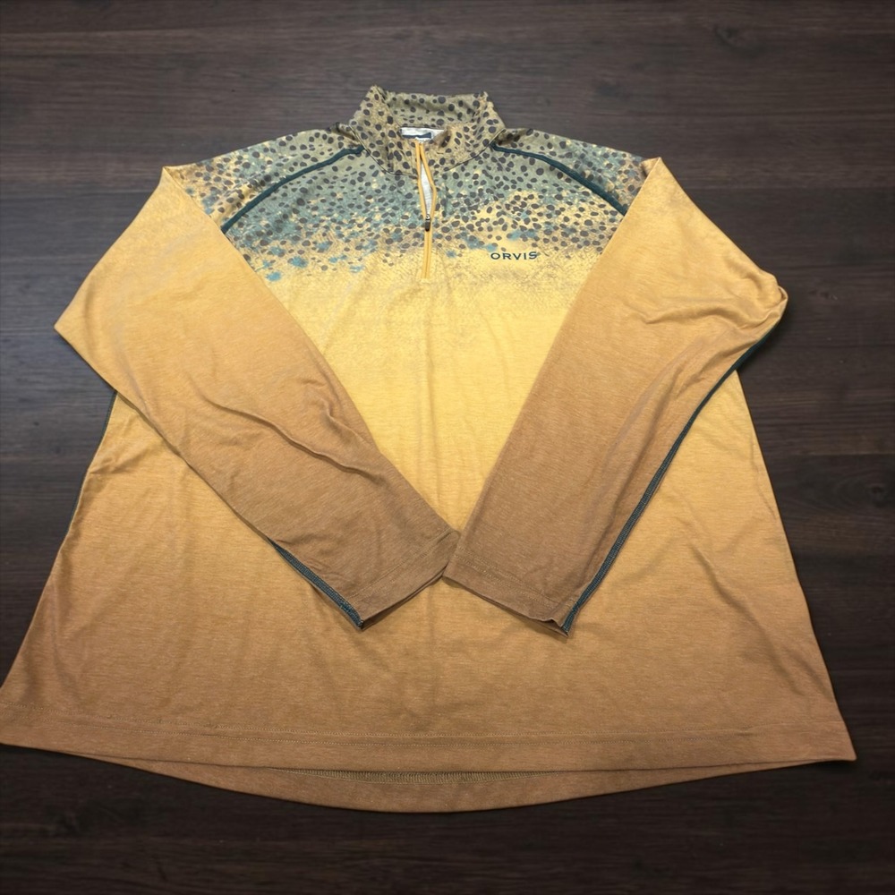 Orvis Quarter Zip Pullover Mens XL Yellow Brown Trout Print Performance 22ME